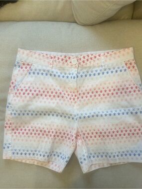 Caribbean Joe Women’s Shorts White with Red and Blue Turtle Stripe Print size 8